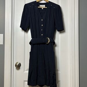 S.L. Fashions Vintage Belted Gold Studded Short Sleeve‎ Navy Mini Dress
